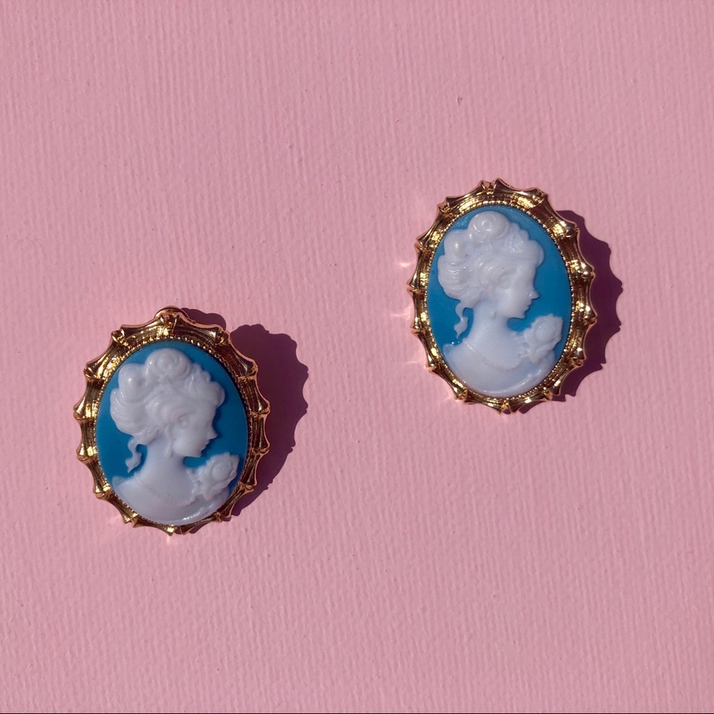 Antoinette blue and gold cameo earrings